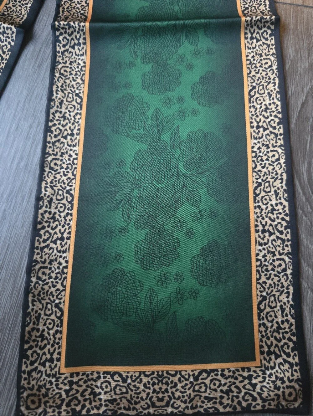 Emerald Green Leopard Print Long Satin Like Scarf Hair Wrap Polyester Jewel Tone